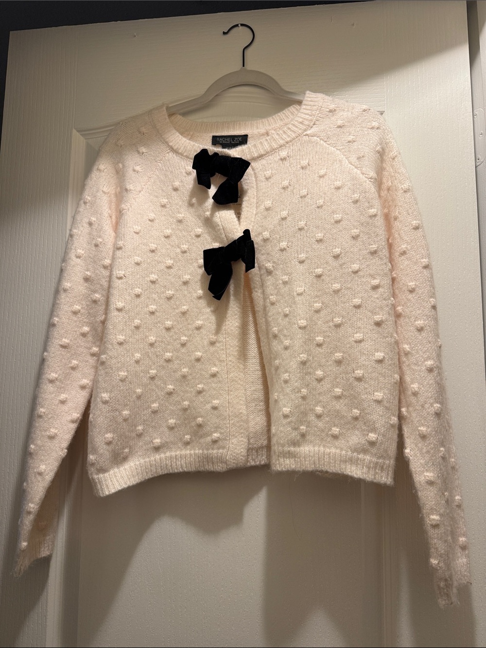 Rachel Zoe Cream Textured Dot Cardigan with Black Bow Closures